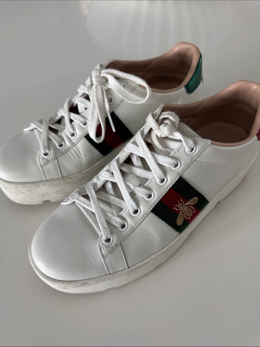 Gucci White Leather Sneakers with Green & Red Web and Gold Bee - Picture 9 of 9